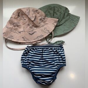 Green Sprouts Swim Diaper + 2 Baby Sun Hats Bundle (12M)